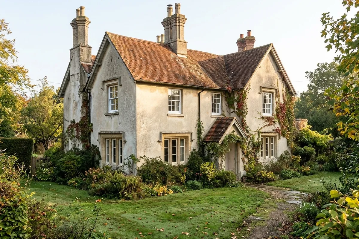 Rendered Victorian house with tall chimneys, sash windows upstairs and multi-pane casements downstairs